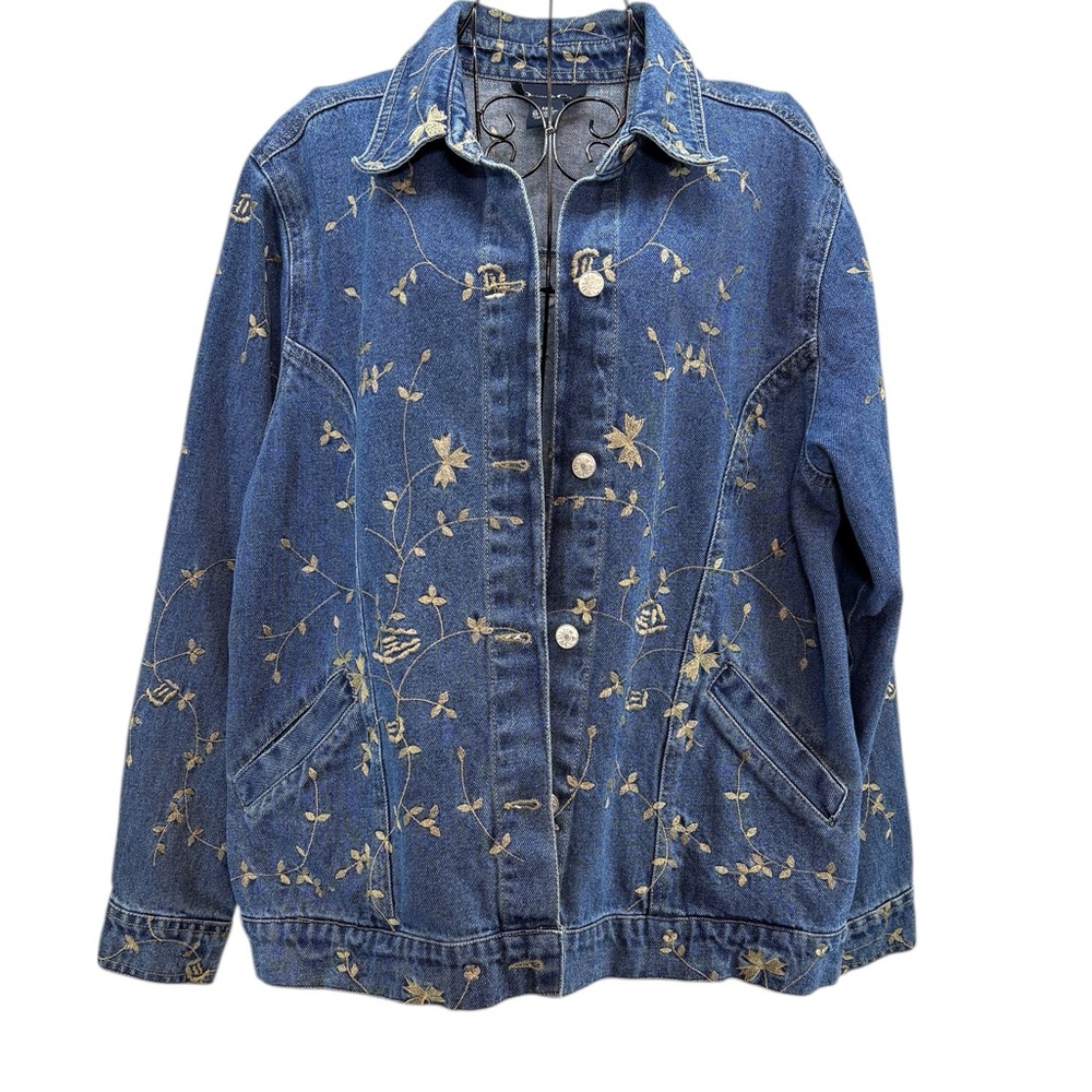 90’s Denim&Co Floral Vine Embroidered Grandmacore Blue Denim Jacket, Size Large